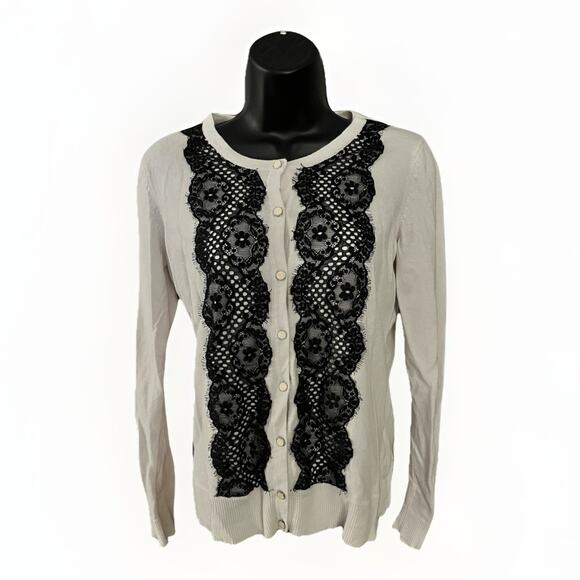 New York & Company Women’s Medium White Cardigan Black Lace Detail Button Front - Picture 1 of 5